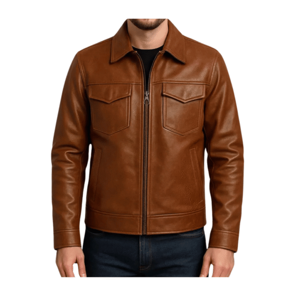 Custom Men's Brown Leather Jacket with Zipper Front by Jacket Crafted - Image 2